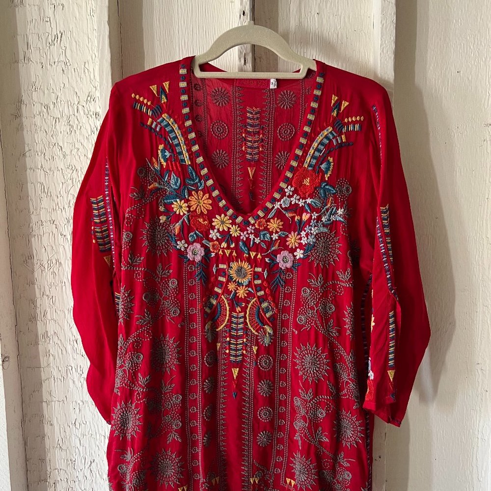 JOHNNY WAS Zillia Embroidered 3/4 Sleeve Tunic, Red, Size M